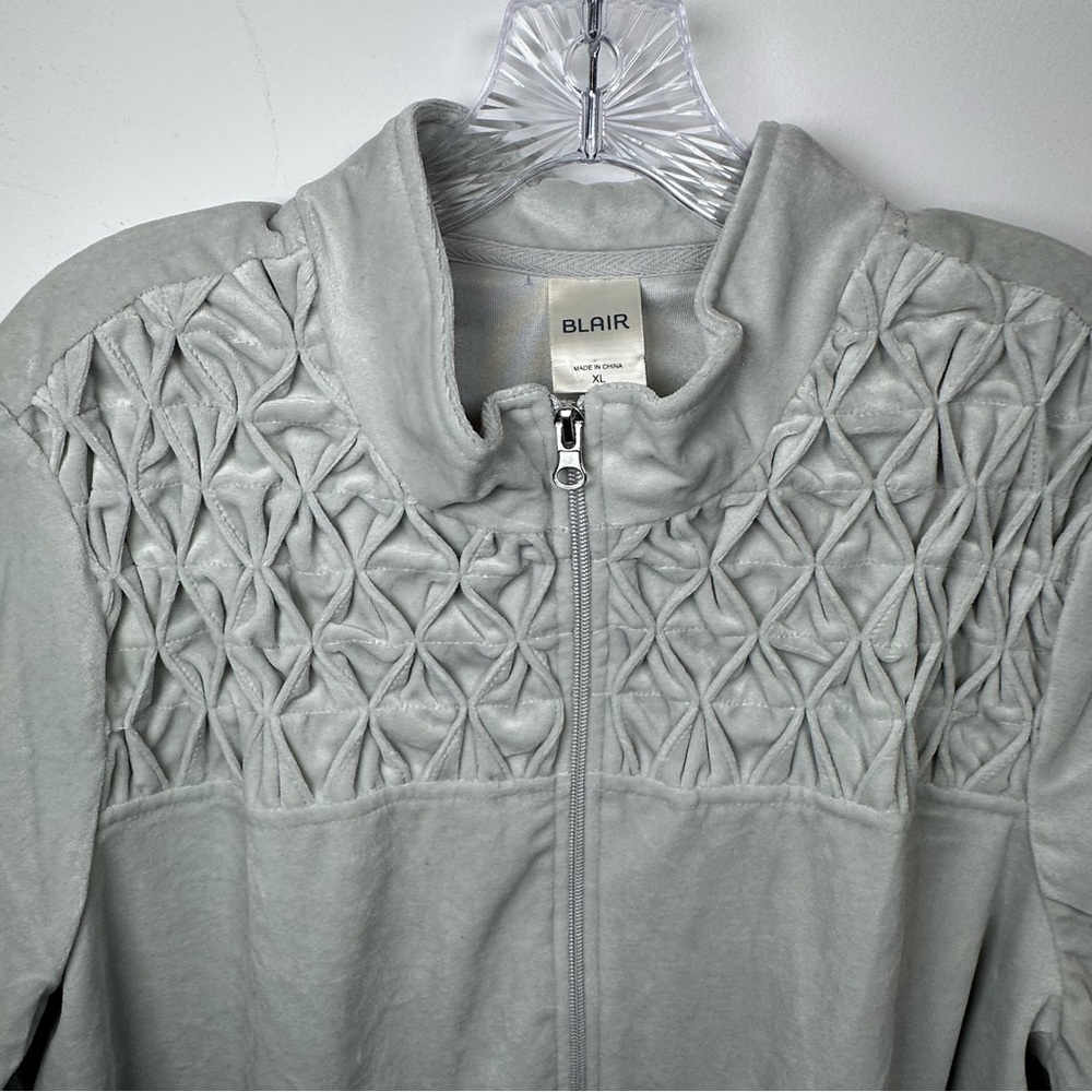BLAIR Velour Tracksuit XL Gray Silver Quilted Smocked Zip Grandpa Retro Cottage - Picture 7 of 16